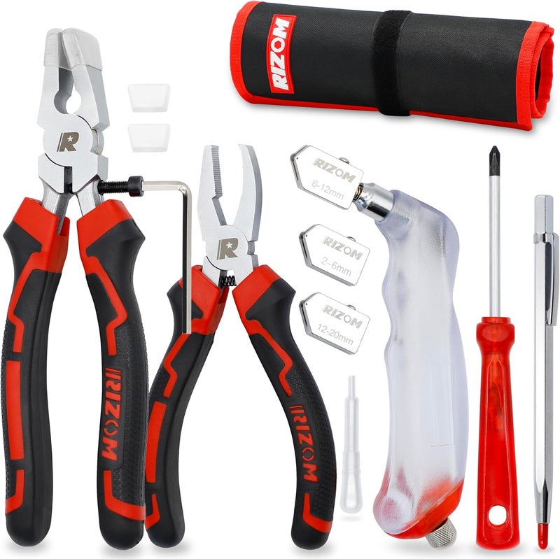 Rizom Glass Cutters Tools, Glass Cutter 2-20MM, 8" Glass Running Pliers with Curved Jaws, 6" Breaker Grozer Pliers, Glass Cutting Tool for Stained Glass, Tiles, Mosaic Cutting - Image 1